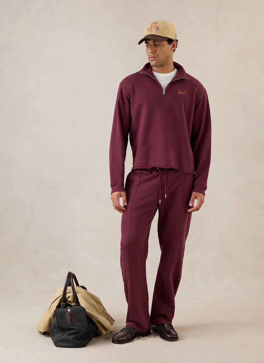 Conrad Funnel Neck 1/4 Zip Jumper - Burgundy Cotton - Percival