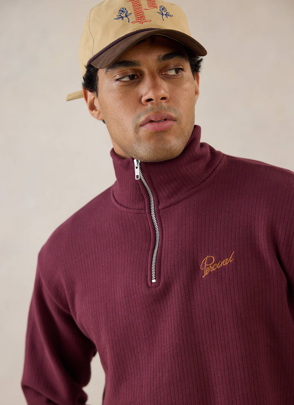 Conrad Funnel Neck 1/4 Zip Jumper - Burgundy Cotton - Percival