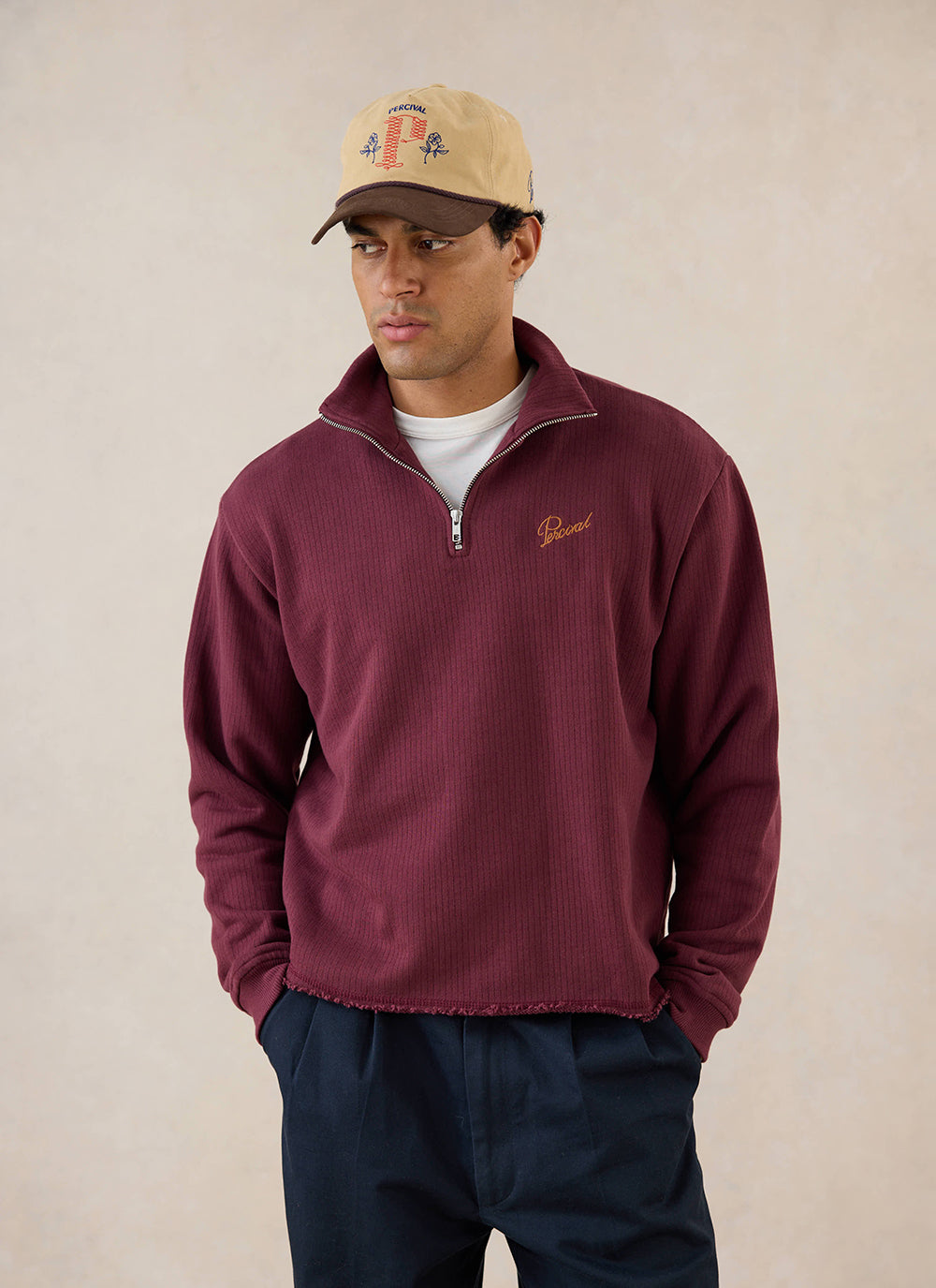 Conrad Funnel Neck 1/4 Zip Jumper - Burgundy Cotton - Percival