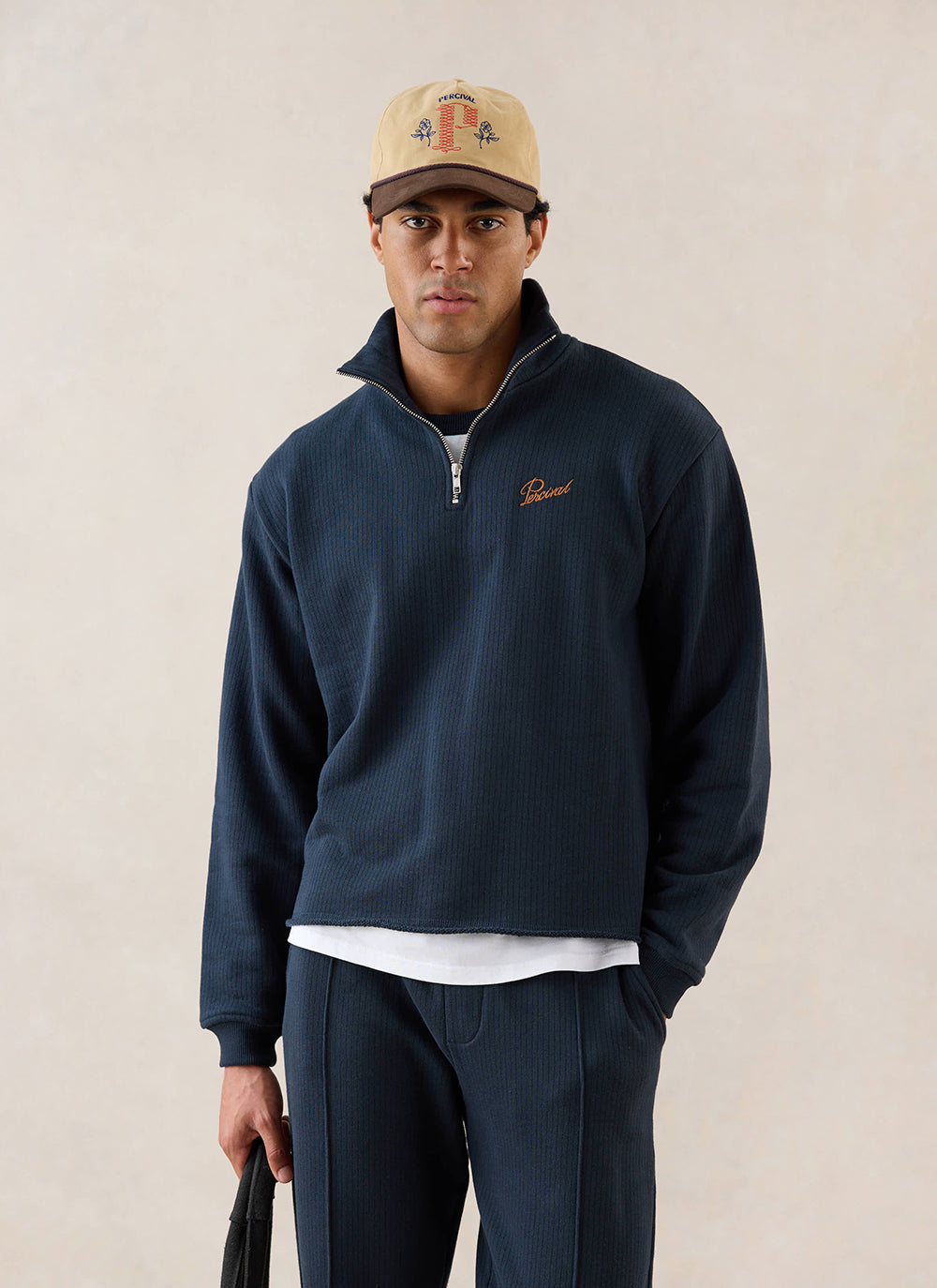 Conrad Funnel Neck 1/4 Zip Jumper - Navy Cotton - Percival