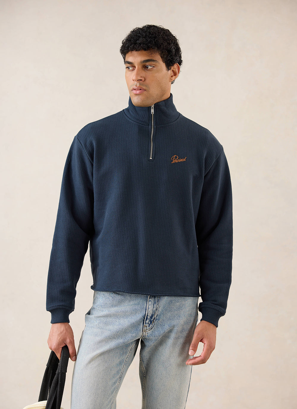 Conrad Funnel Neck 1/4 Zip Jumper - Navy Cotton - Percival