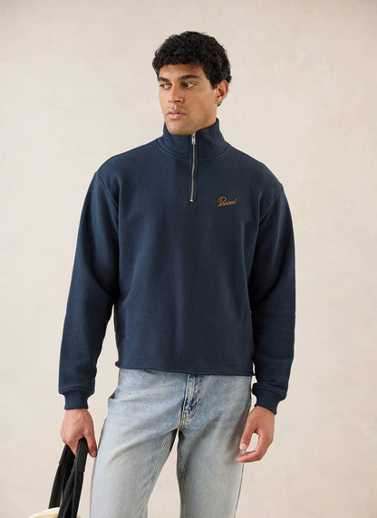 Conrad Funnel Neck 1/4 Zip Jumper - Navy Cotton - Percival