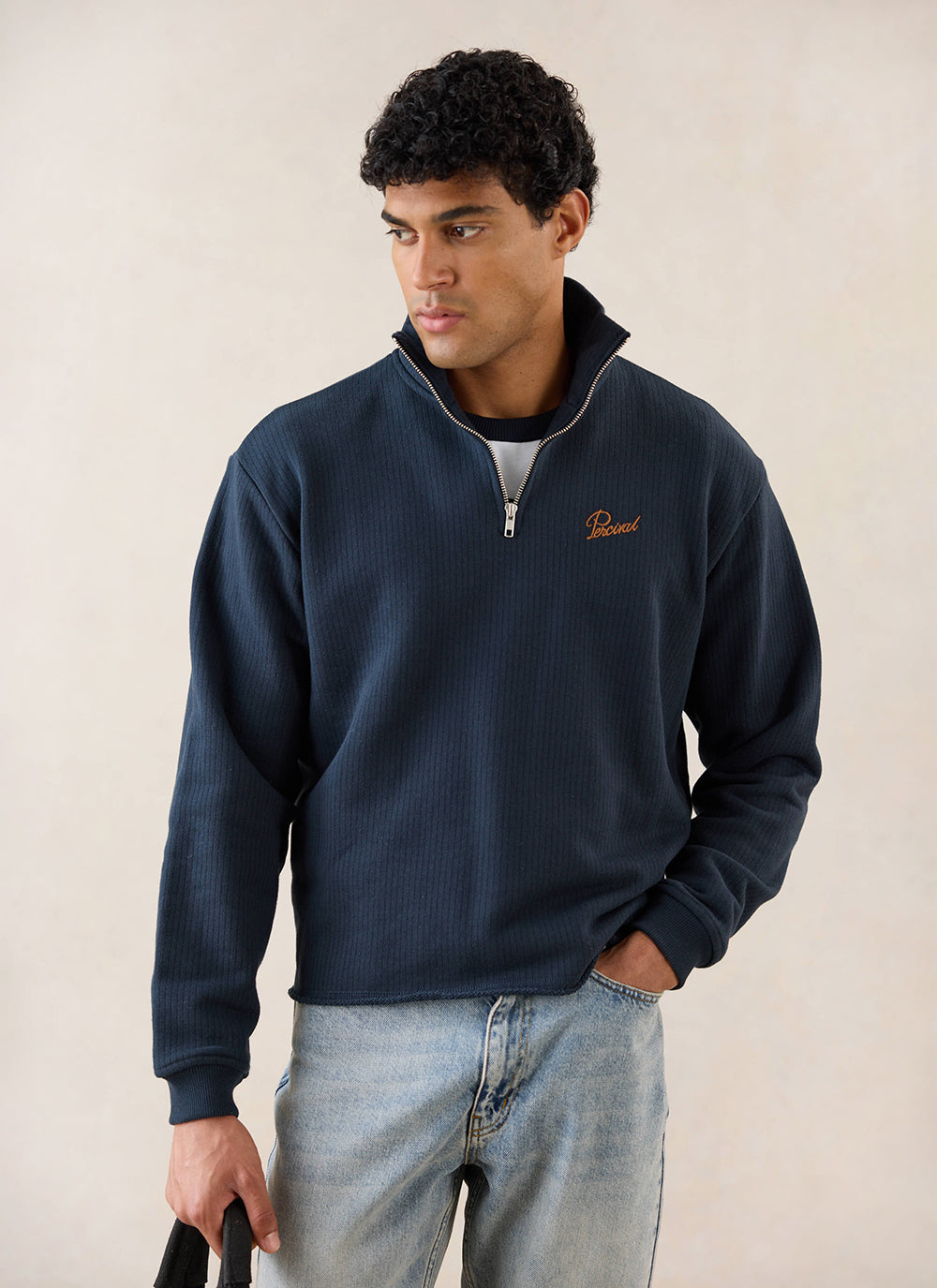 Conrad Funnel Neck 1/4 Zip Jumper - Navy Cotton - Percival