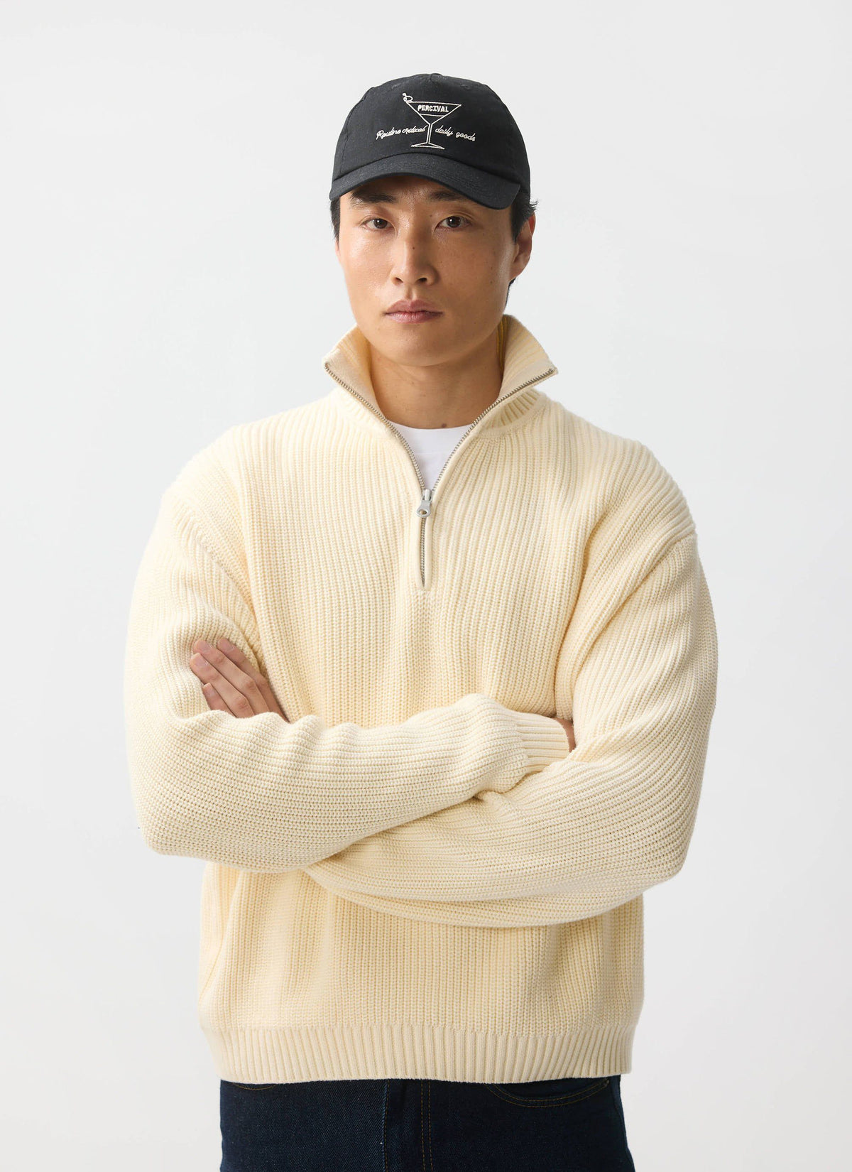 Men's Quarter Zip Knit Jumper - Cotton - Cream
