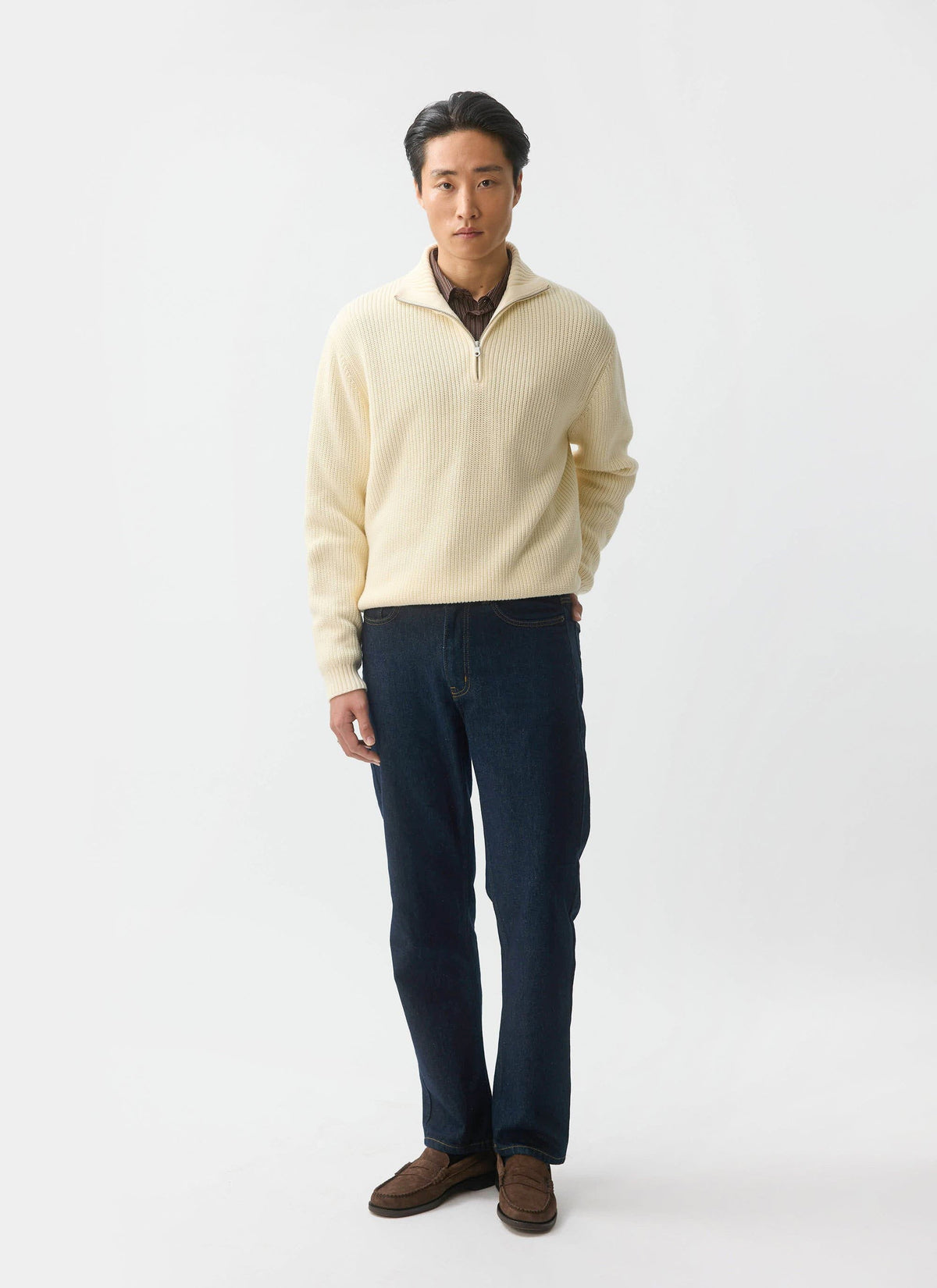 Men's Quarter Zip Knit Jumper - Cotton - Cream