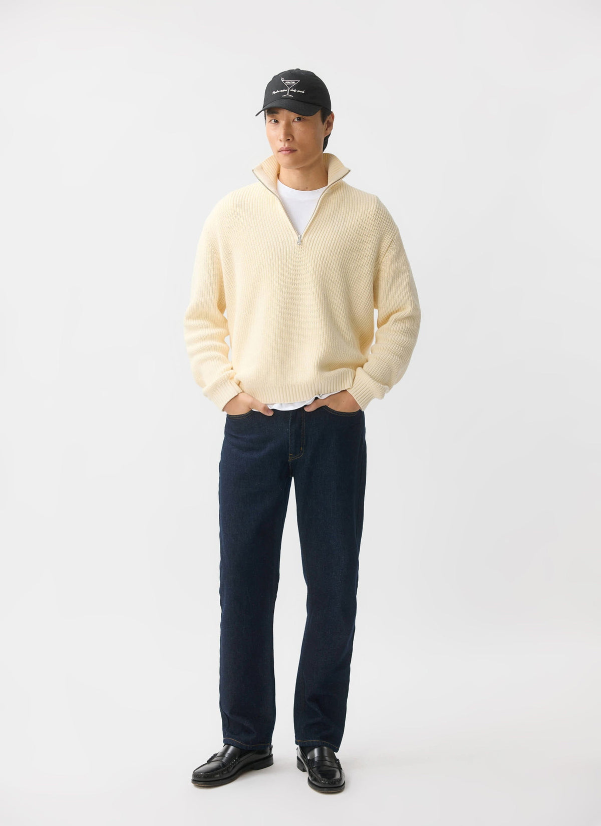 Men's Quarter Zip Knit Jumper - Cotton - Cream