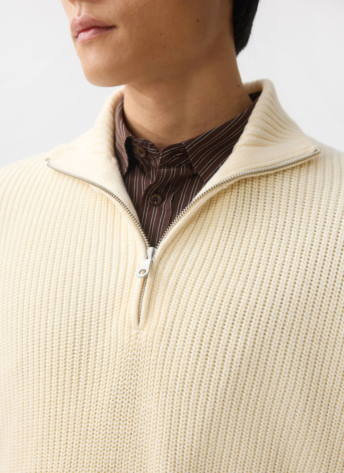Men's Quarter Zip Knit Jumper - Cotton - Cream