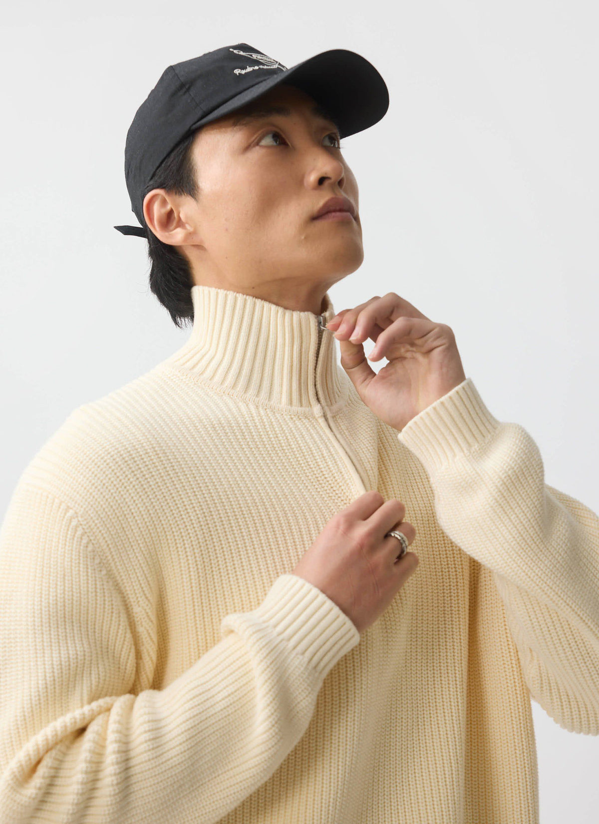 Men's Quarter Zip Knit Jumper - Cotton - Cream