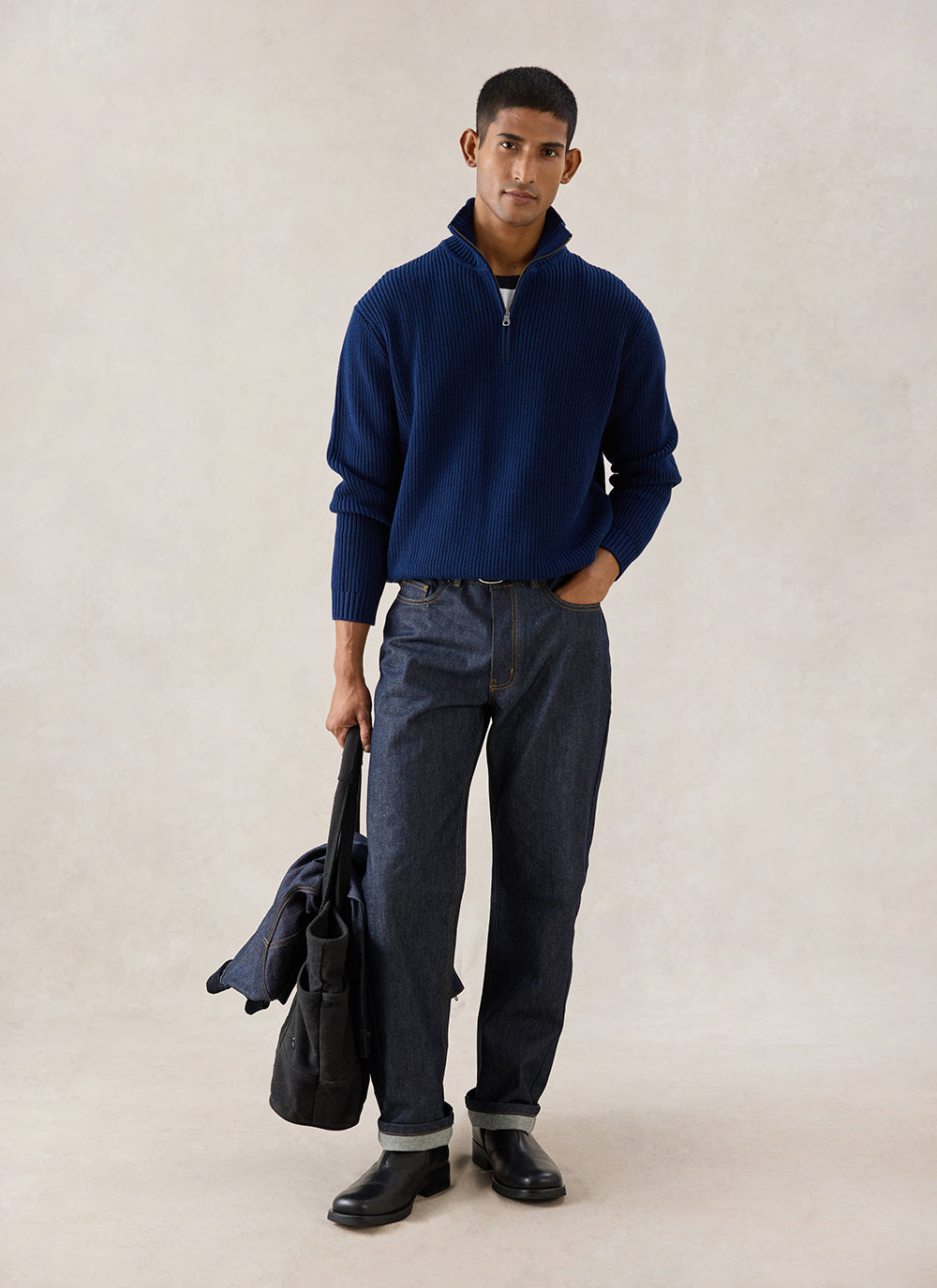 Meyer Boxy Quarter Zip - Navy Cotton - Percival
