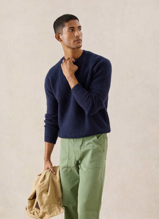 Men's Navy Crew Neck Jumper - Mohair Wool - Percival
