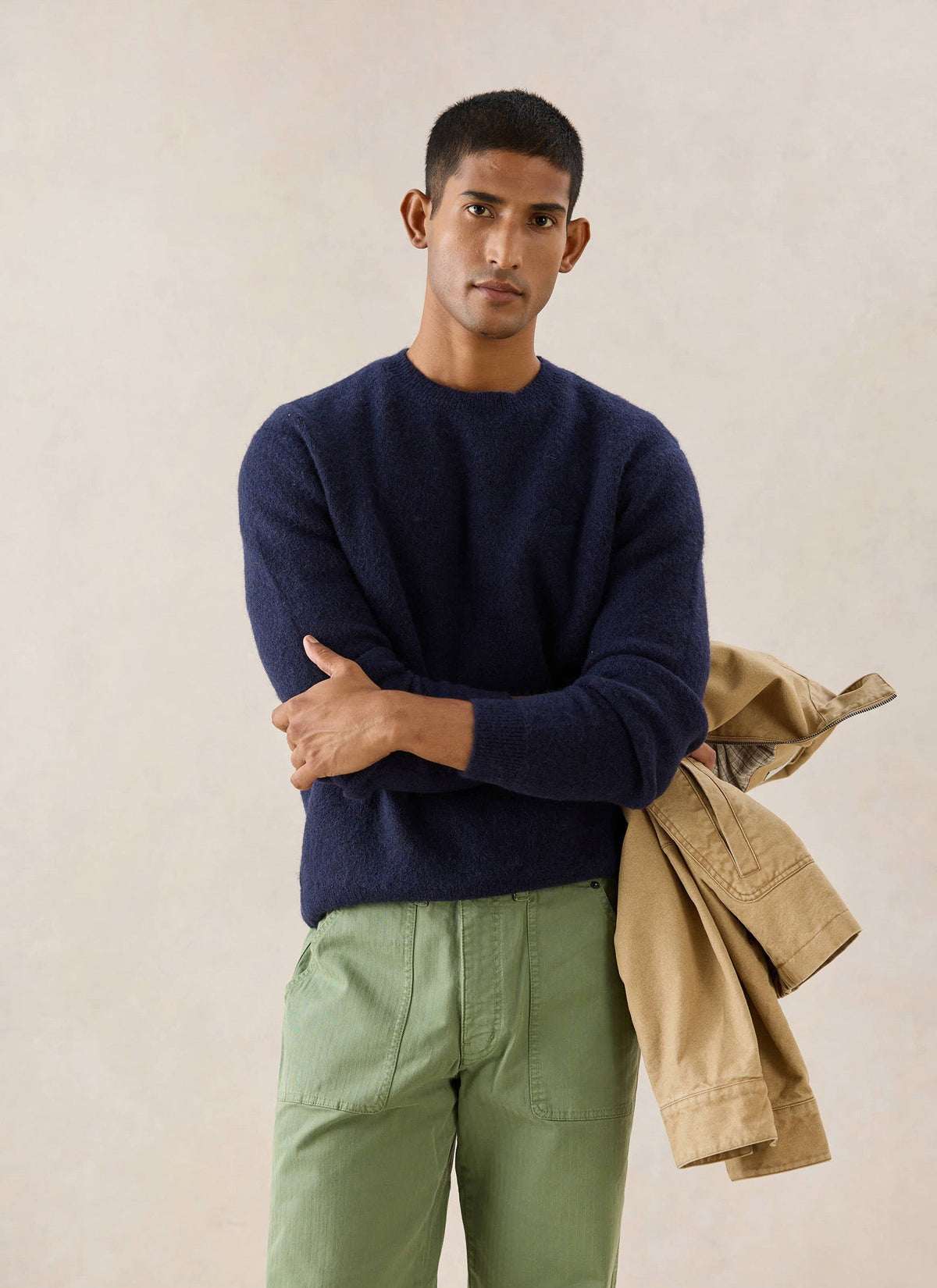 Men's Navy Crew Neck Jumper - Mohair Wool - Percival