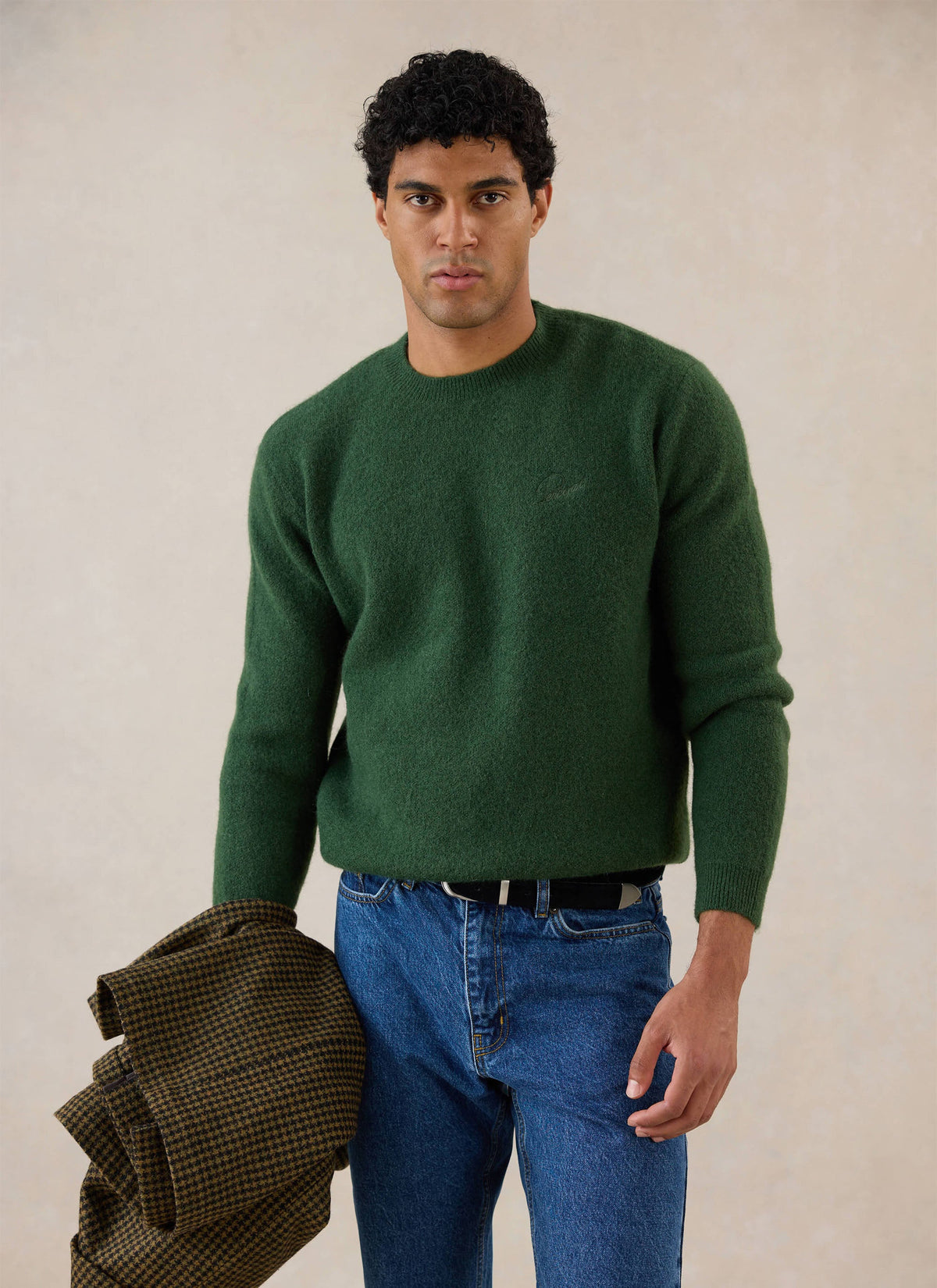 Men's Boxy Crew Neck Jumper - Forest Mohair - Percival