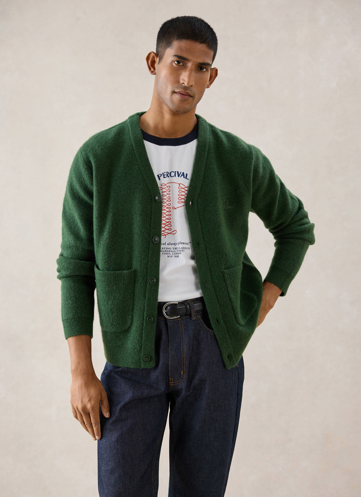 Men's White Glove Mohair Cardigan - Forest Green - Percival