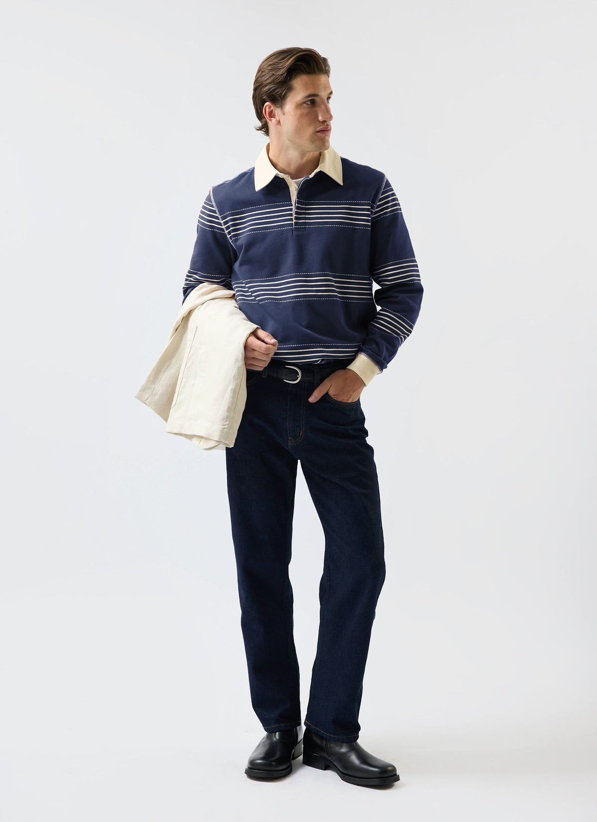 Men's Long Sleeve Rugby Polo​: Editor Striped - Cotton - Navy