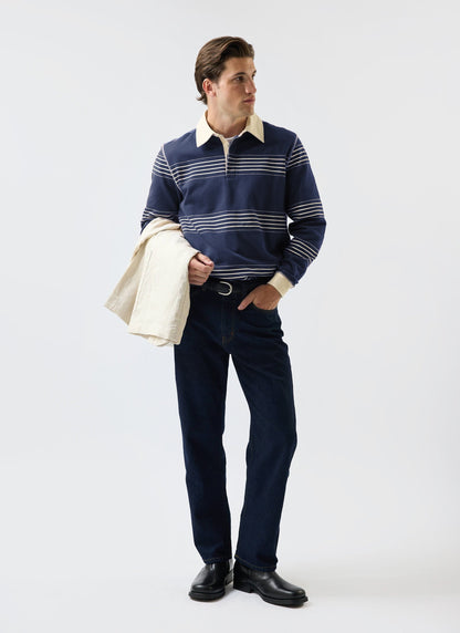 Men's Long Sleeve Rugby Polo​: Editor Striped - Cotton - Navy