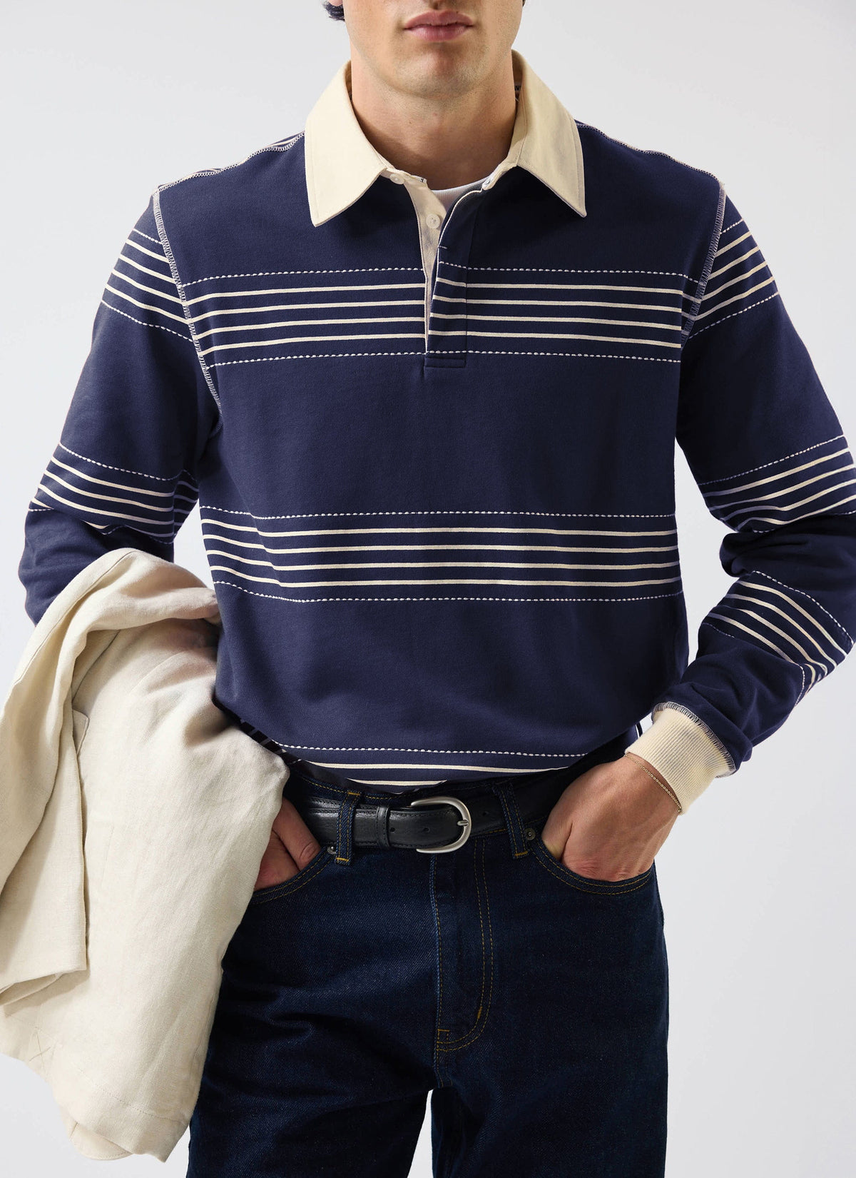 Men's Long Sleeve Rugby Polo​: Editor Striped - Cotton - Navy