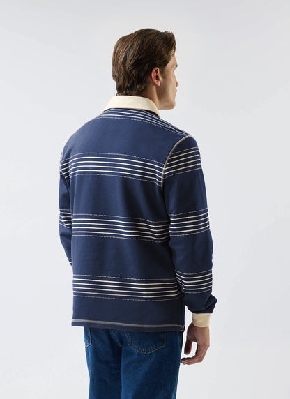 Men's Long Sleeve Rugby Polo​: Editor Striped - Cotton - Navy