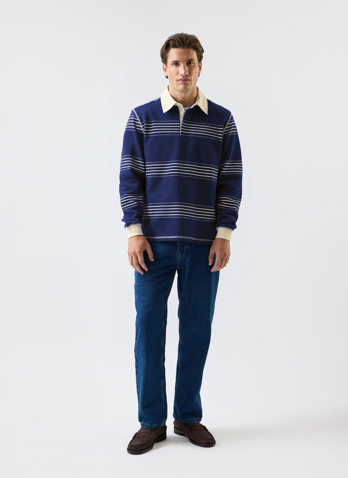 Men's Long Sleeve Rugby Polo​: Editor Striped - Cotton - Navy
