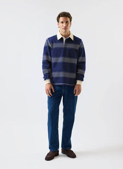 Men's Long Sleeve Rugby Polo​: Editor Striped - Cotton - Navy