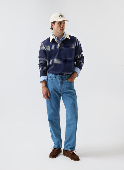 Men's Long Sleeve Rugby Polo​: Editor Striped - Cotton - Navy