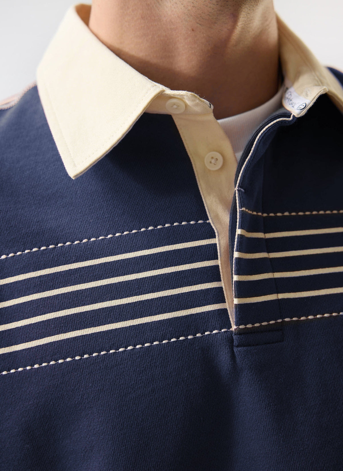 Men's Long Sleeve Rugby Polo​: Editor Striped - Cotton - Navy