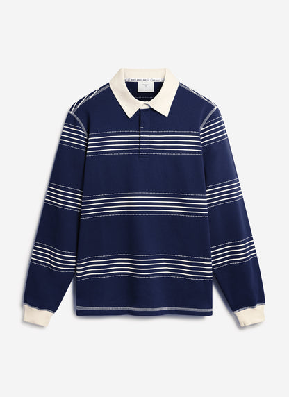 Men's Long Sleeve Rugby Polo​: Editor Striped - Cotton - Navy