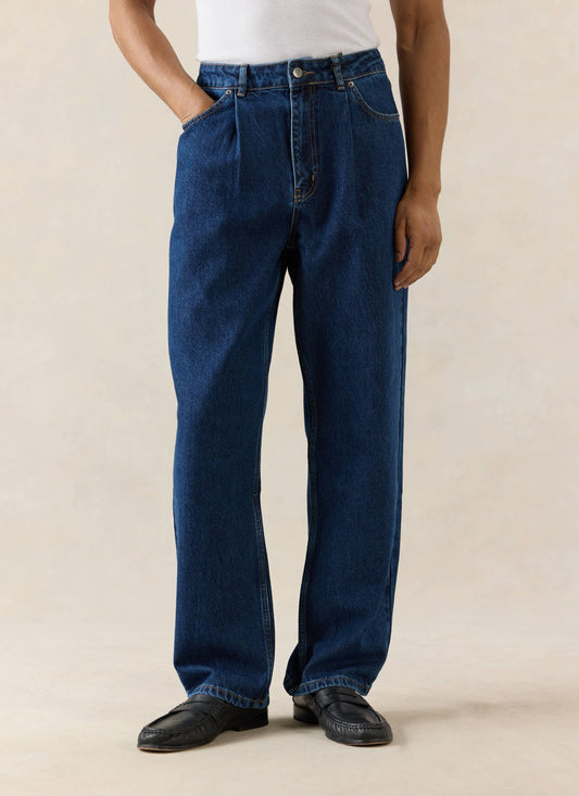Men's Pleated Denim Jeans - 12oz Mid Wash Blue