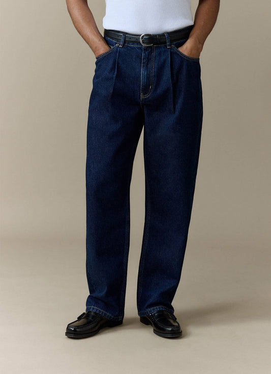 Men's Raw Pleated Denim Jeans - 100% Cotton - Dark Indigo Blue