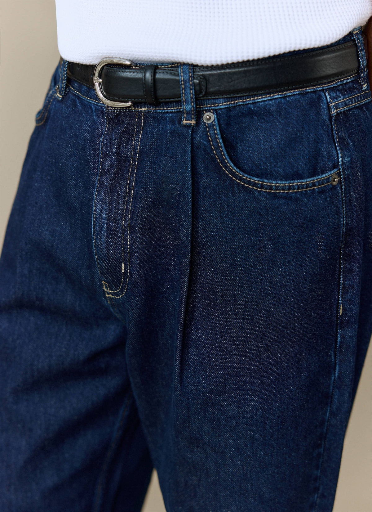 Men's Raw Pleated Denim Jeans - 100% Cotton - Dark Indigo Blue