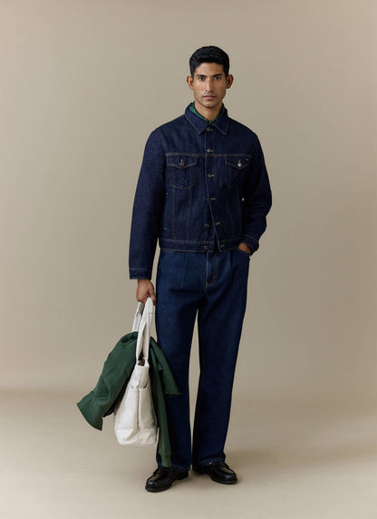 Men's Raw Pleated Denim Jeans - 100% Cotton - Dark Indigo Blue