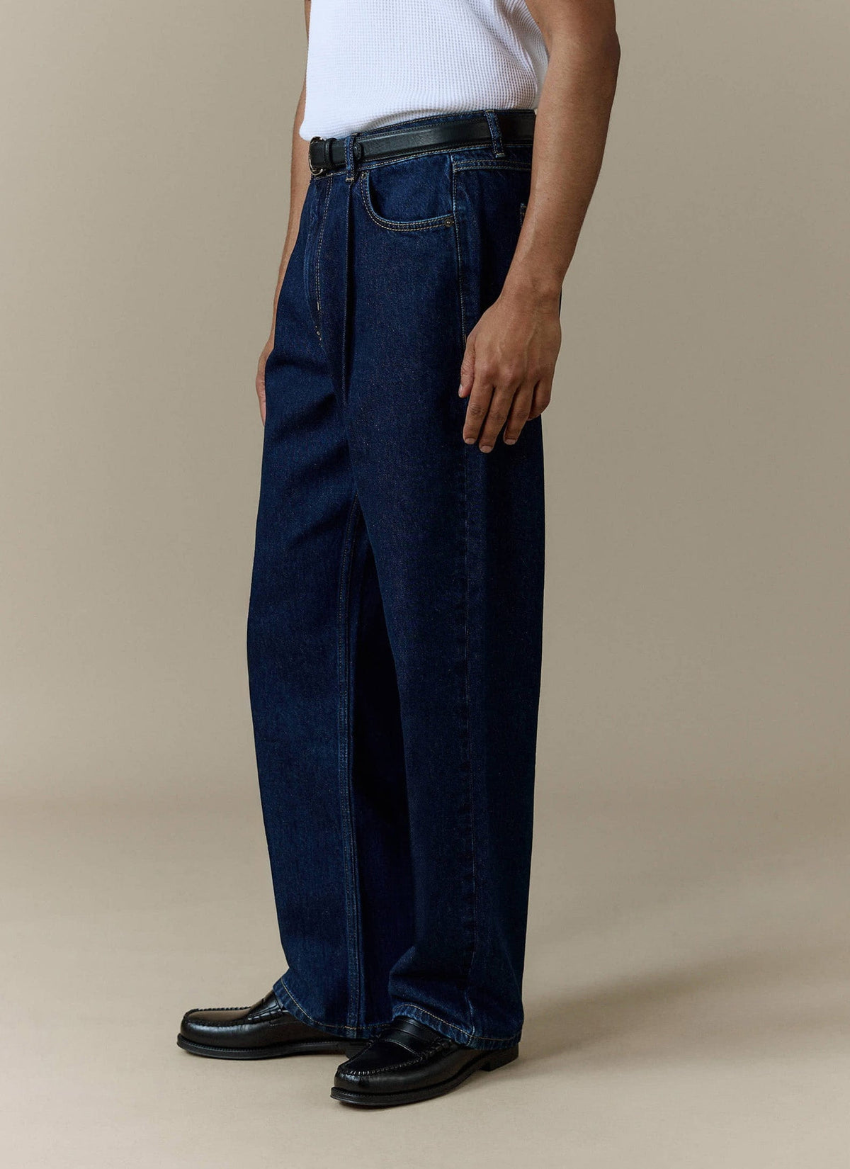 Men's Raw Pleated Denim Jeans - 100% Cotton - Dark Indigo Blue