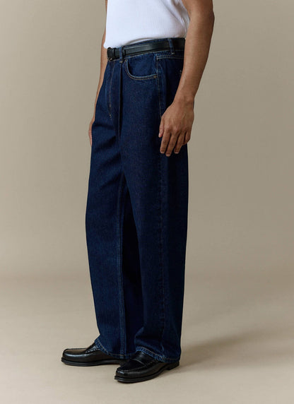 Men's Raw Pleated Denim Jeans - 100% Cotton - Dark Indigo Blue