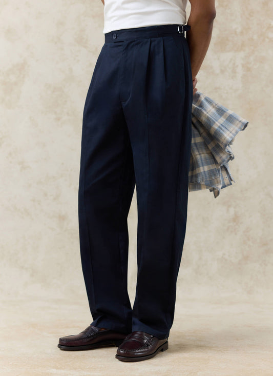 Men's Tailored Pleated Trousers - Cotton - Navy Blue