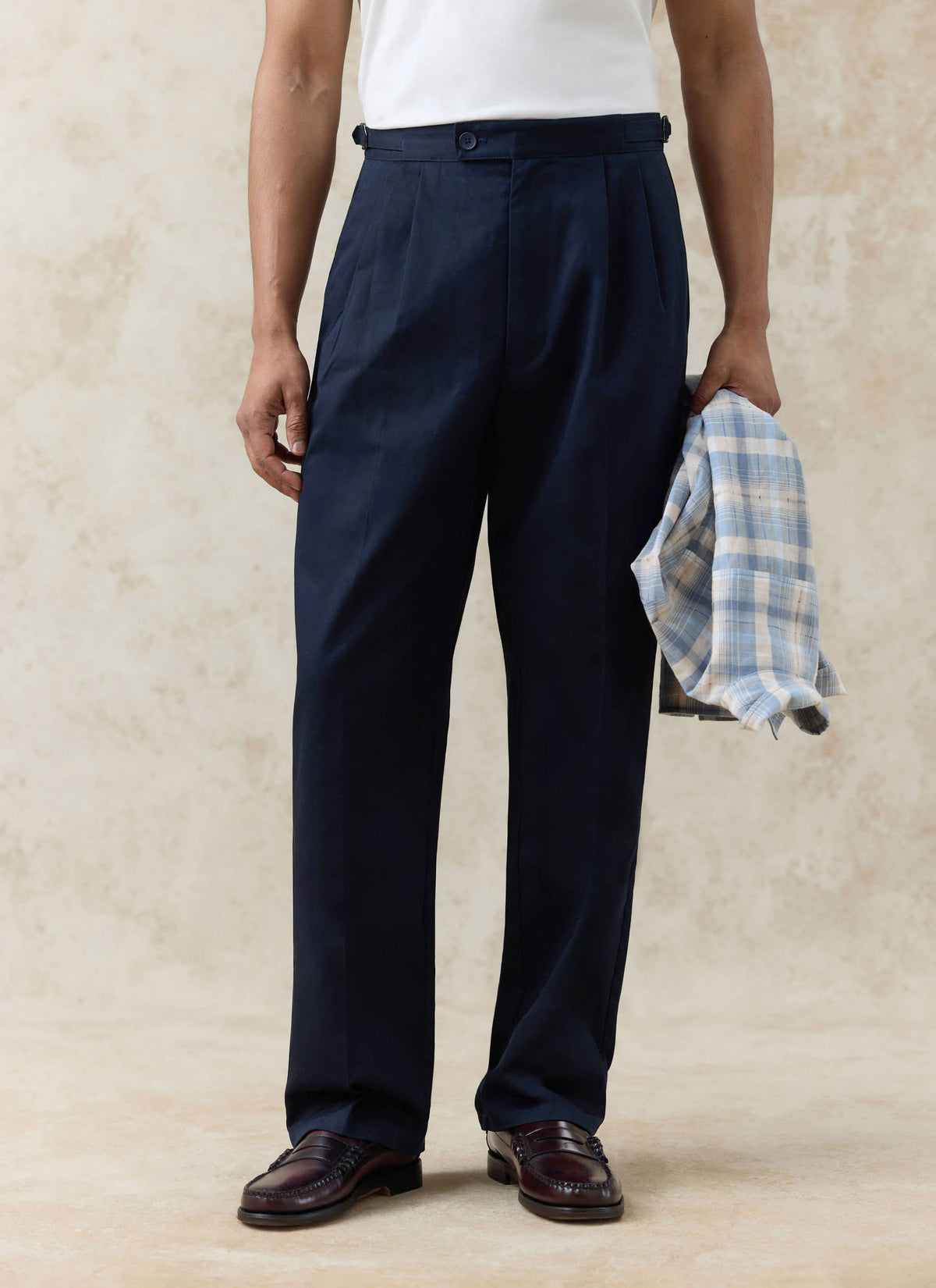 Men's Tailored Pleated Trousers - Cotton - Navy Blue