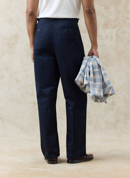 Men's Tailored Pleated Trousers - Cotton - Navy Blue