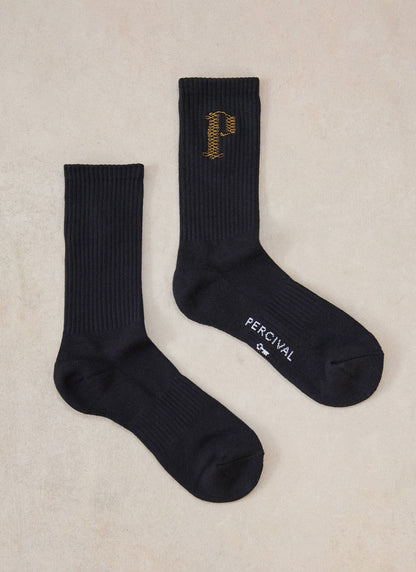Tucker Men's Embroidered Socks - Black Cotton Blend - Percival