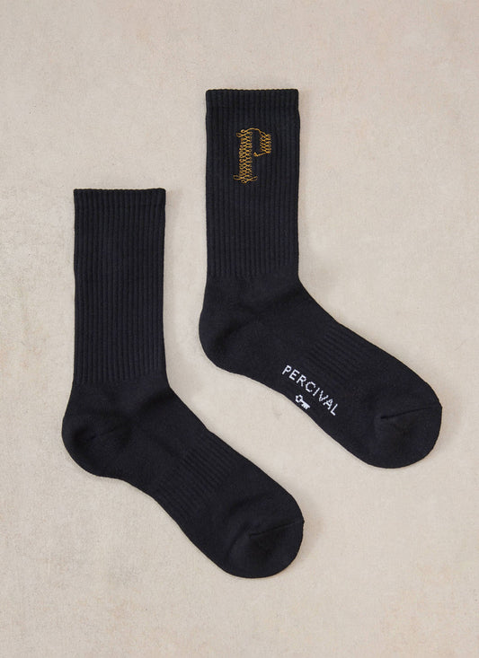 Tucker Men's Embroidered Socks - Black Cotton Blend - Percival