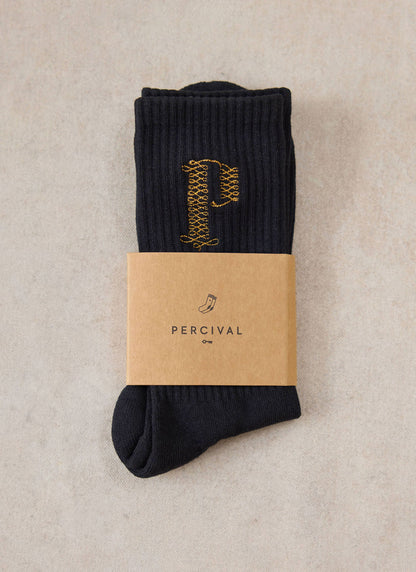 Tucker Men's Embroidered Socks - Black Cotton Blend - Percival