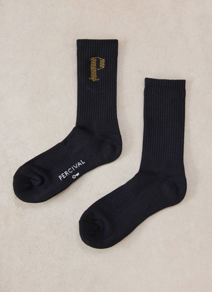 Tucker Men's Embroidered Socks - Black Cotton Blend - Percival