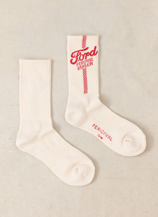 Men's Crew Motorsport Socks - Cotton - Cream - Ford x Percival
