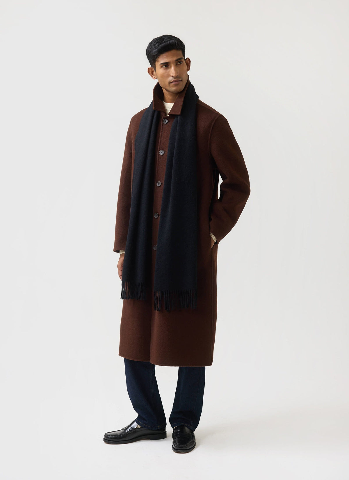 Men's Long Wool Scarf - Embroidered - Black