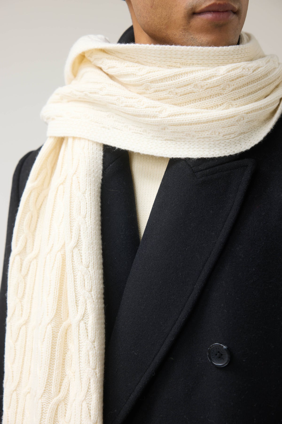 Men's Cable Knit Scarf - Wool - Ecru Cream