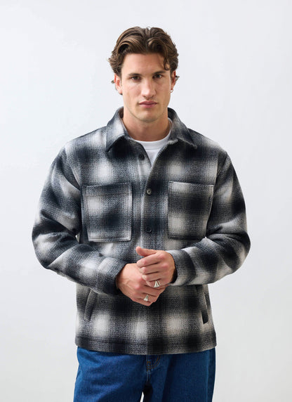 Men's Wool Checked Overshirt - Shacket - Wool - Grey Multi