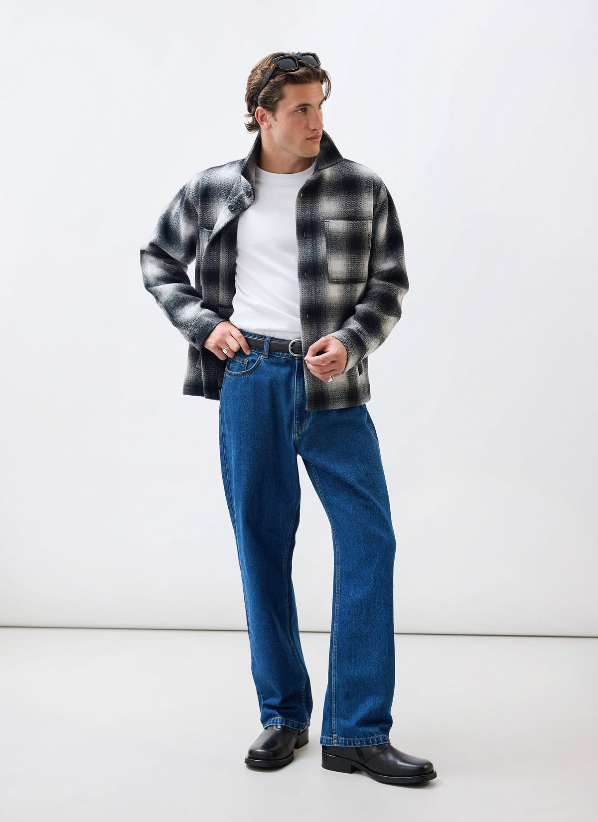Men's Wool Checked Overshirt - Shacket - Wool - Grey Multi