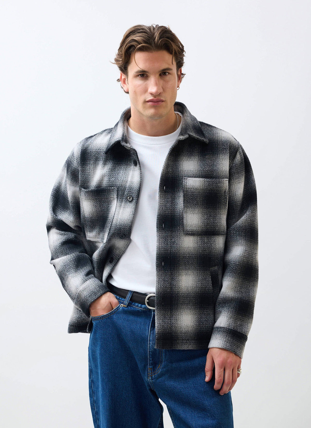 Men's Wool Checked Overshirt - Shacket - Wool - Grey Multi
