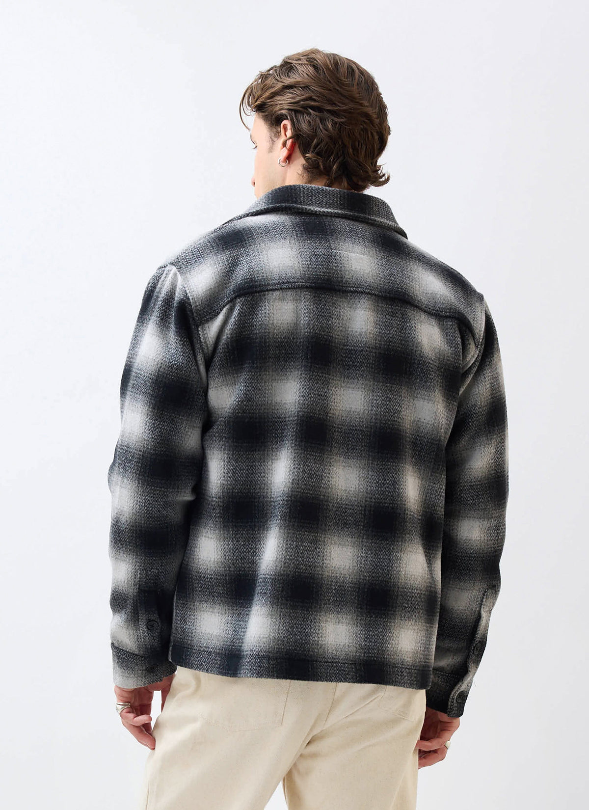 Men's Wool Checked Overshirt - Shacket - Wool - Grey Multi