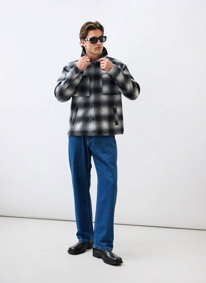 Men's Wool Checked Overshirt - Shacket - Wool - Grey Multi