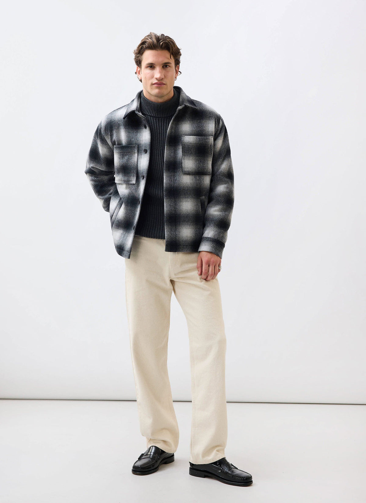 Men's Wool Checked Overshirt - Shacket - Wool - Grey Multi