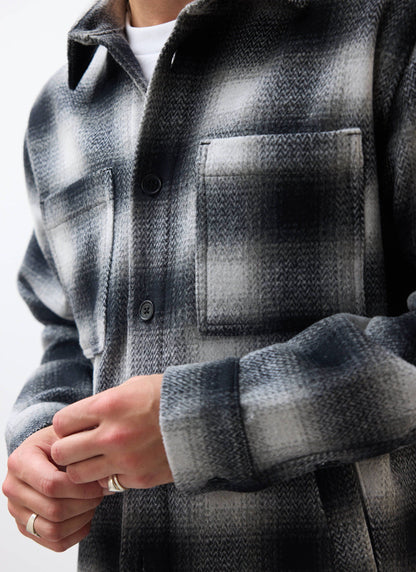 Men's Wool Checked Overshirt - Shacket - Wool - Grey Multi