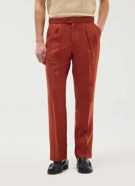 Men's Pleated Trousers - Tailored Linen Suits - Rust Red